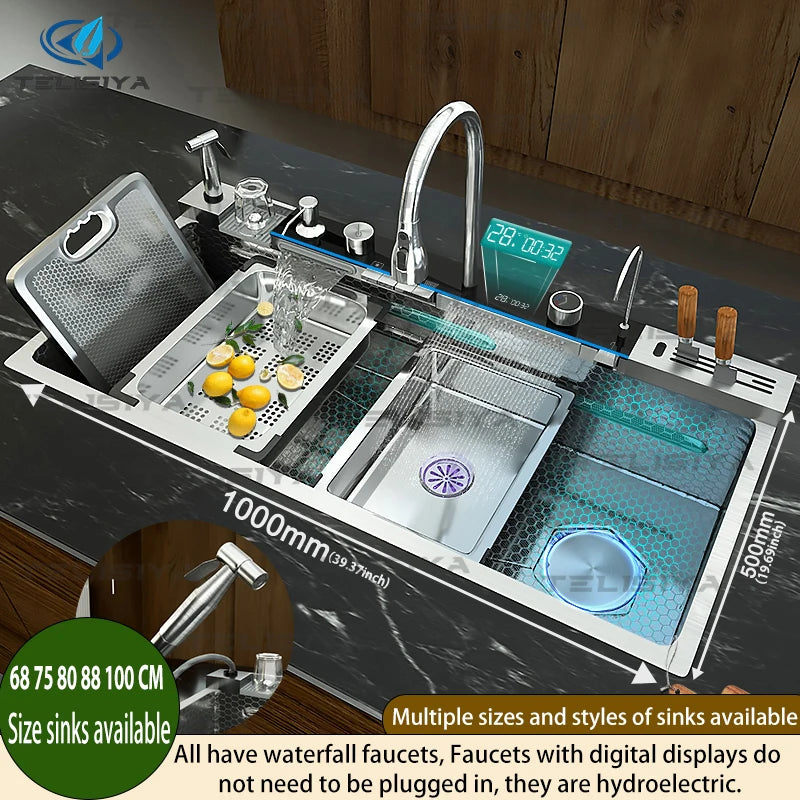 Edelstahl-Küchenspüle, multifunktionale Digitalanzeige, Wasserfall, großer Einzelschlitz mit Rack für Messerwaschbecken