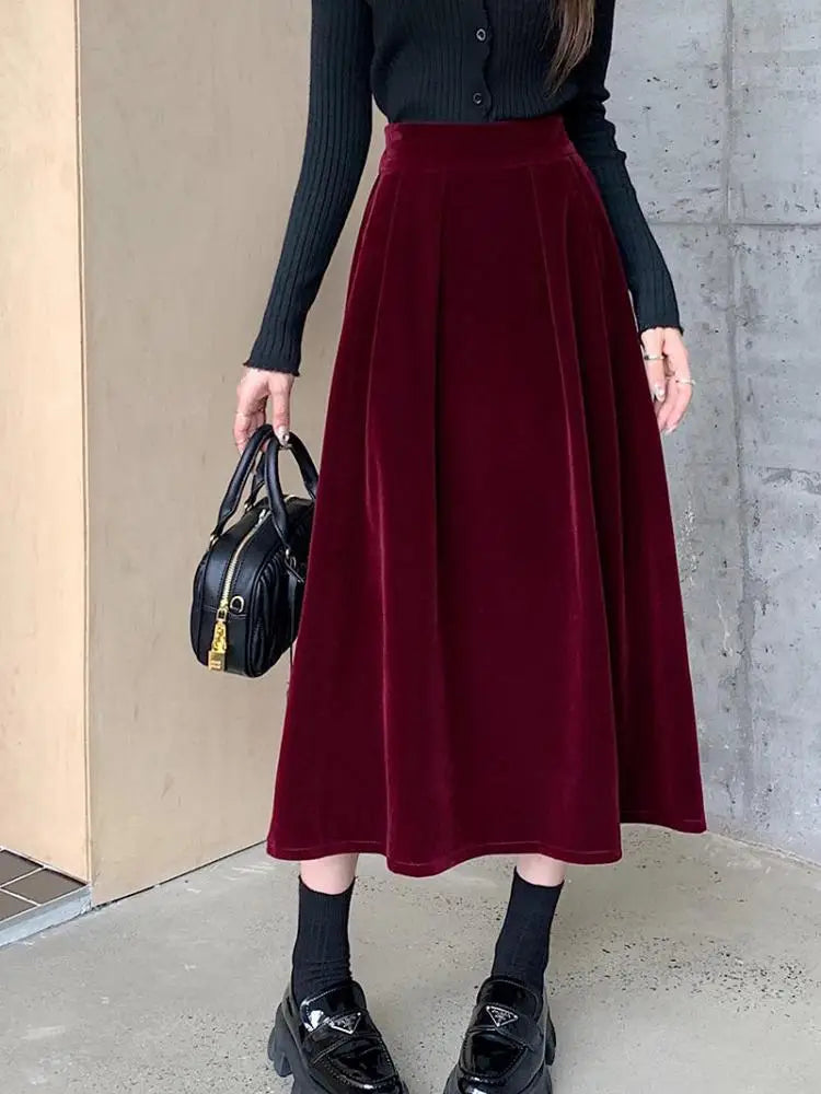 Autumn Winter Warm Vintage Red Elegant Velvet A-line Skirt For Women 2023 High Waist Casual Black Party Pleated Big Swing Skirts.