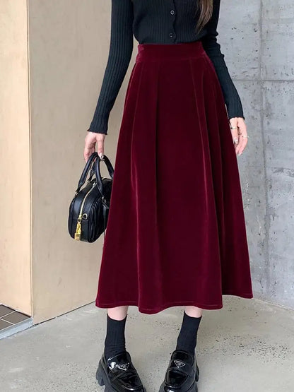 Autumn Winter Warm Vintage Red Elegant Velvet A-line Skirt For Women 2023 High Waist Casual Black Party Pleated Big Swing Skirts.
