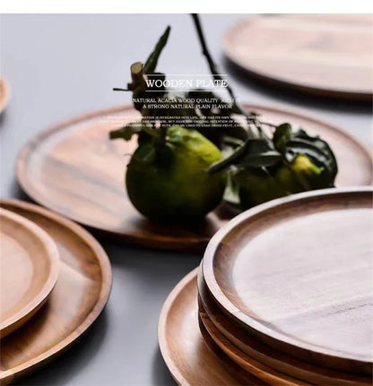15/20/25cm Wooden Round Serving Platter Tray Retro Wood Pizza Salad Plate Fruit Dessert Tray Bread Cake Container Snacks Dish.