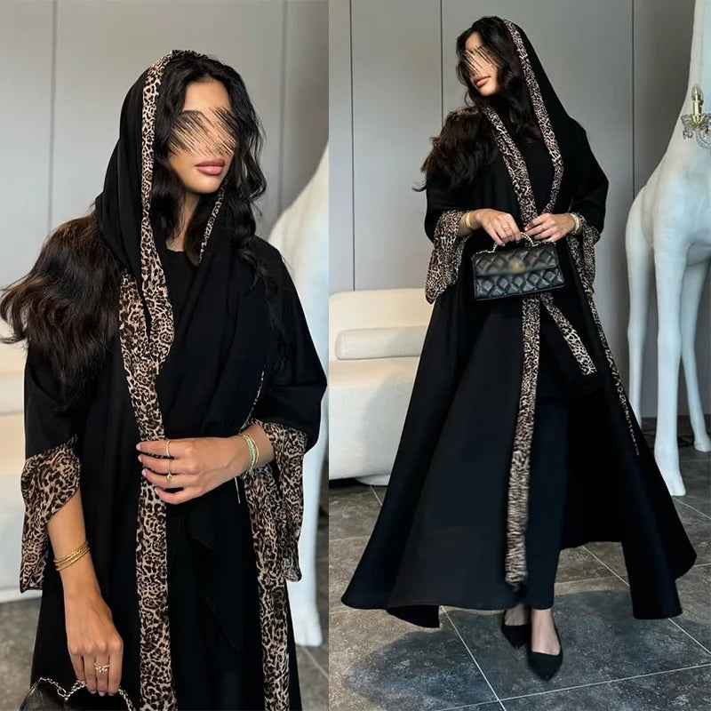 Eid Women Muslim Abaya Leopard Cardigan with Scarf Dress 2025 Vestidos Largos Caftan Robe Jalabiya Ramadan Morocco Dubai Kaftan.