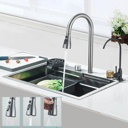 304 Stainless Steel Waterfall Kitchen Sink Large Single Slot with Chopping Board Cup Washer