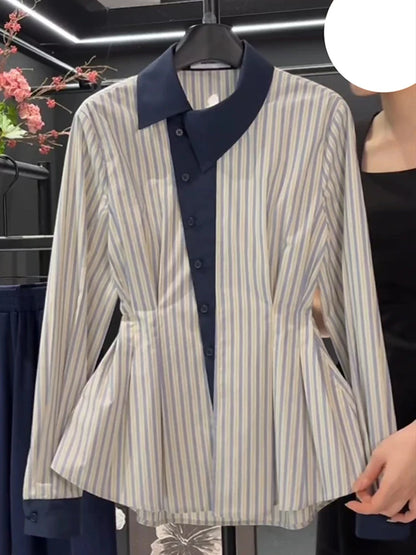 Temperament waist cinching slimming blue striped shirt spring 2025 new fat MM fashion contrasting long sleeved shirt.