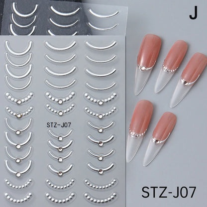 French Tips Nail Sticker 5D Embossed Crystal French Nail Decals Gold Silver Black Line Design Adhesive Slider Nails Art