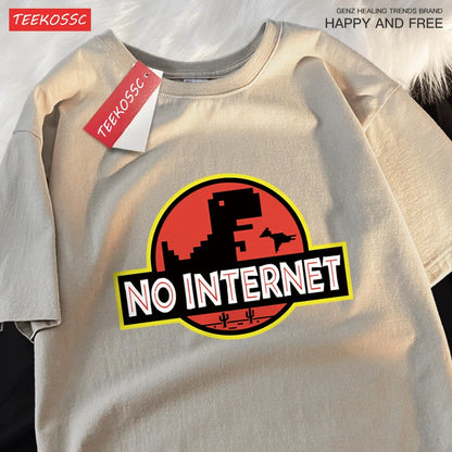 No Internet Fun Little Dinosaur Short Sleeve Mens Cartoons Cotton Tshirt Summer High Quality Clothing Fashion Oversize T-Shirts.