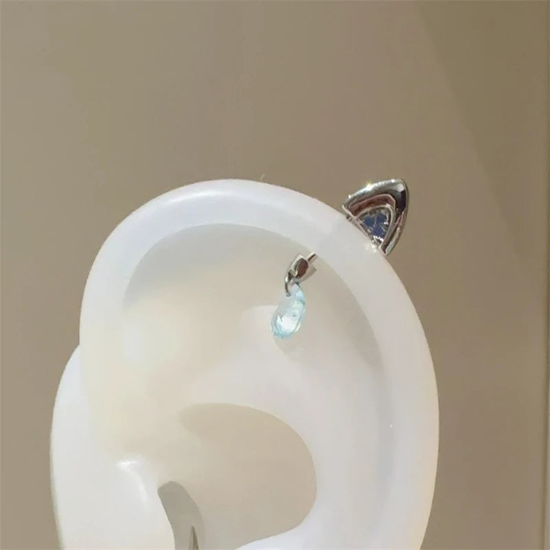 Silver Color Cat's Ear Droplet Shaped Zircon Stainless Steel Ear Bone Nail Earring for Women New Trendy Body Piercing Accessorie