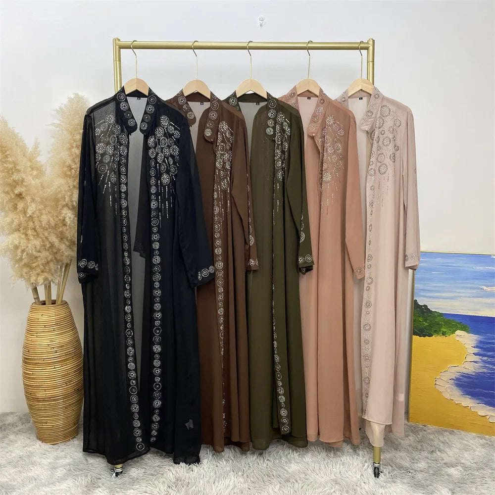 Luxury Diamonds Kimono Open Abayas for Women Muslim Dress Morocco Kaftan Dubai Turkey Party Gown Kebaya Islam Jalabiya Ramadan.