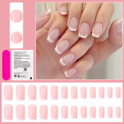 24pcs(+Tools) Pearl Bow Nude Pink Press On Nails White French Fingertips Almond Full Cover Fasle Nails New Year Nail Accessories