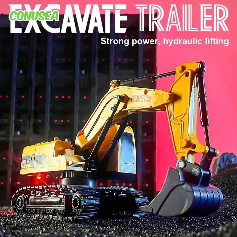 2 In 1 Rc Truck Combination Set Trailer Flat Trucks with 11Ch Excavator Engineer Vehicle 2.4G Remote Control Car Christmas Gifts.