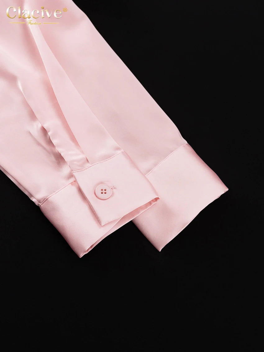 Clacive Fashion Loose Pink Satin Pants Sets For Women 2 Pieces Elegant Long Sleeve Shirt With High Waist Wide Trousers Suits.