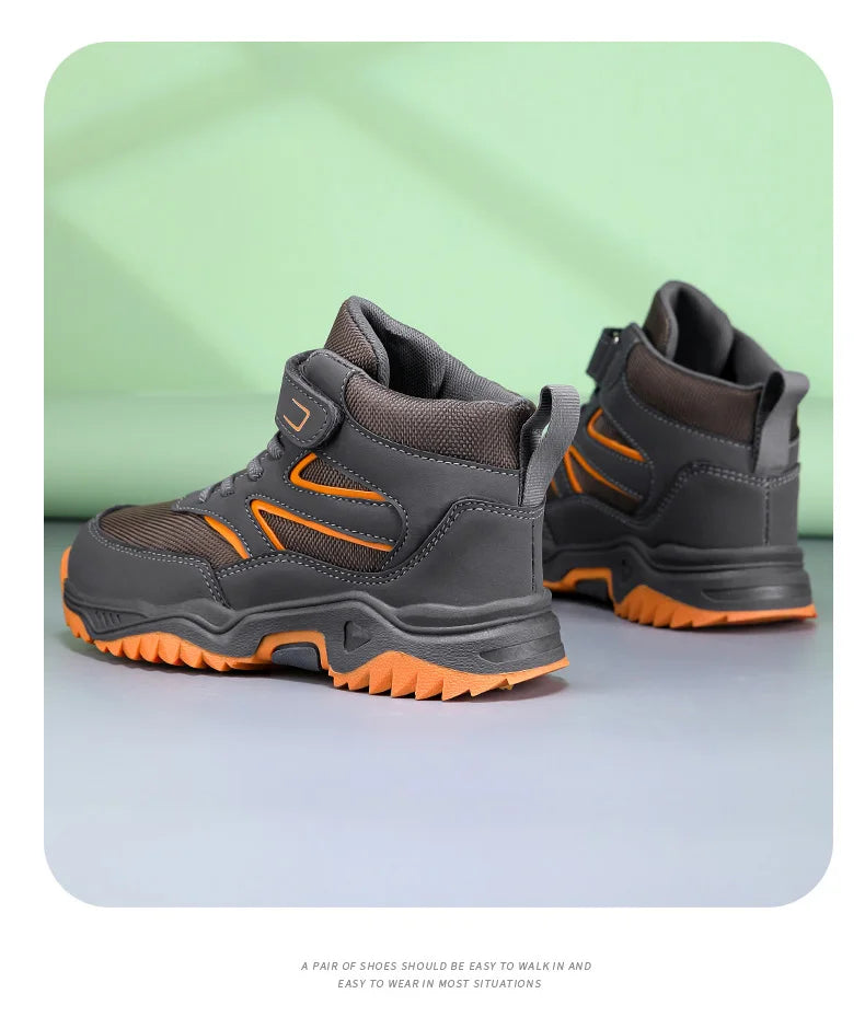 New Boys' Sports Shoes Non-slip School Children's Leather Breathable Running Black Fashion Hiking Shoes Sneaker Size 29-40.