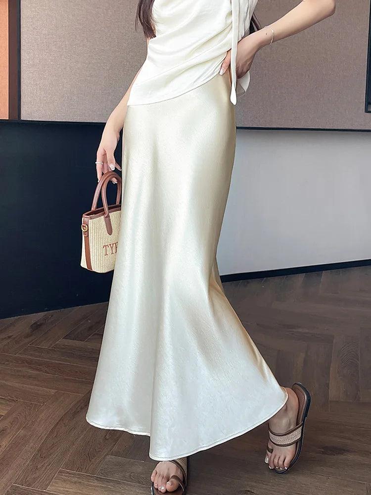 Zoki Chic Satin Elegant Long Skirt Women Casual Fashion High Waist Sweet Trumpet Skirts Slim Summer Female Korean Long Skirts