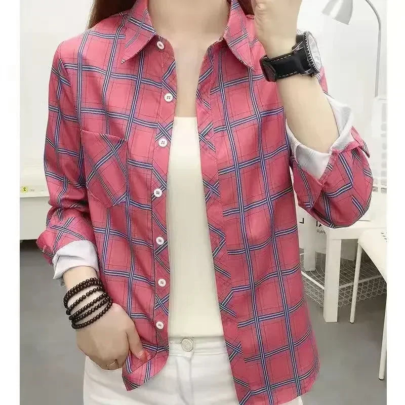 2024Spring and Autumn New College Style Women's Long sleeved Bottom Top Cardigan Long sleeved Fashion Plaid Shirt