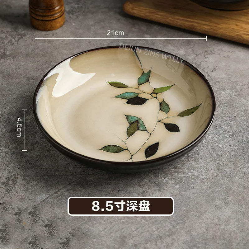 1Pc Vintage Bamboo Leaf Ceramic Bowl Salad Plate Exquisite Ceramic Cutlery Household Noodle Bowl Western Steak Cake Sushi Plate
