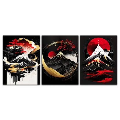 3pcs Frameless Japanese Natural Landscape Canvas Painting Black And Red Posters Vintage Ink Art Wall Prints For Living Room Home.