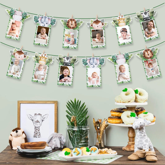 1. Dschungel Tier Geburtstag Foto Banner Girlande 12 Monate Ammer Safari wild ein Jahr Baby Geburtstags feier Dekoration liefert.