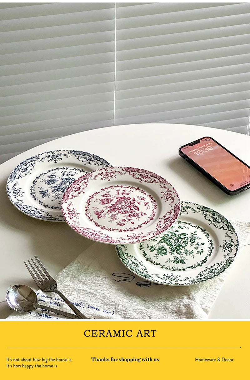 8/10Inch French Vintage Rose Ceramic Plate European Style Dinner Dishe Plates Salad Dessert Dinner Dish Household Art Tableware.