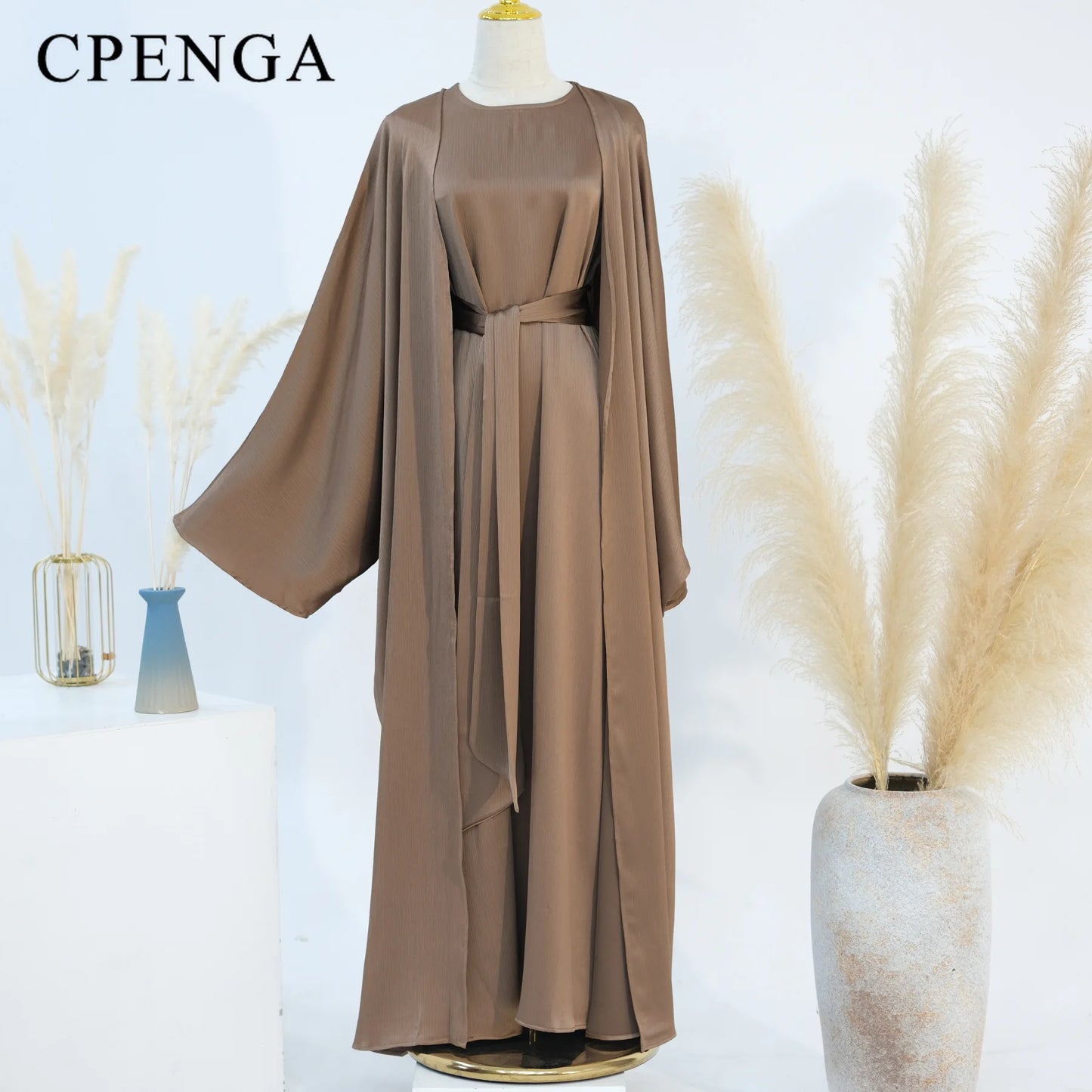 Two Piece Arabic Outfit Set for Muslim Women Elegant Modest Abaya Dress with Inner Ramadan Islamic Coat New Turkish Kaftan Robe.