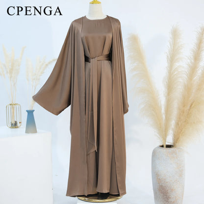 Two Piece Arabic Outfit Set for Muslim Women Elegant Modest Abaya Dress with Inner Ramadan Islamic Coat New Turkish Kaftan Robe.