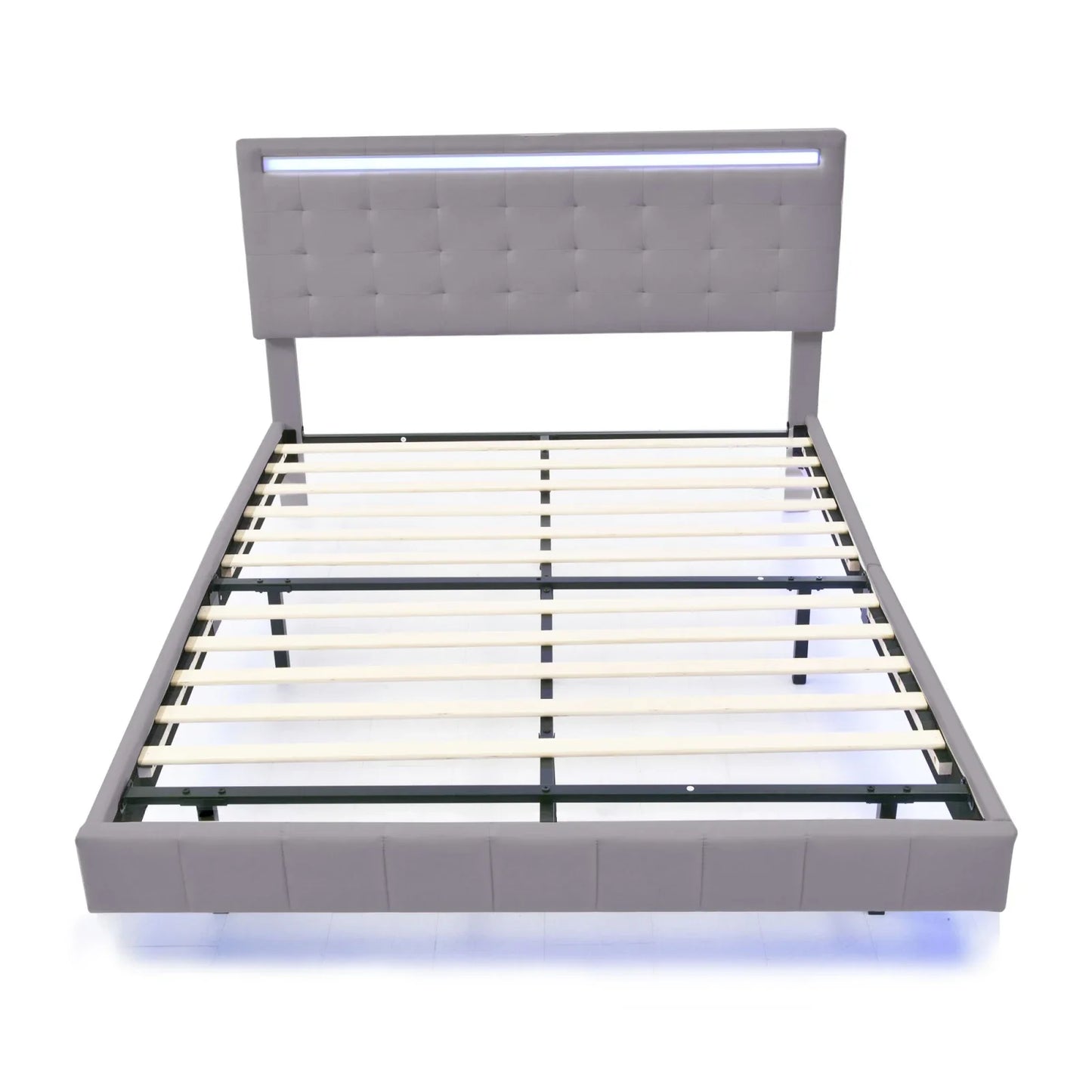 Rosahqnda Polsterbett 160 x 200 cm, Doppelbett mit LED- und USB-Anschluss, schwebender Bettrahmen, Beige, Leinen