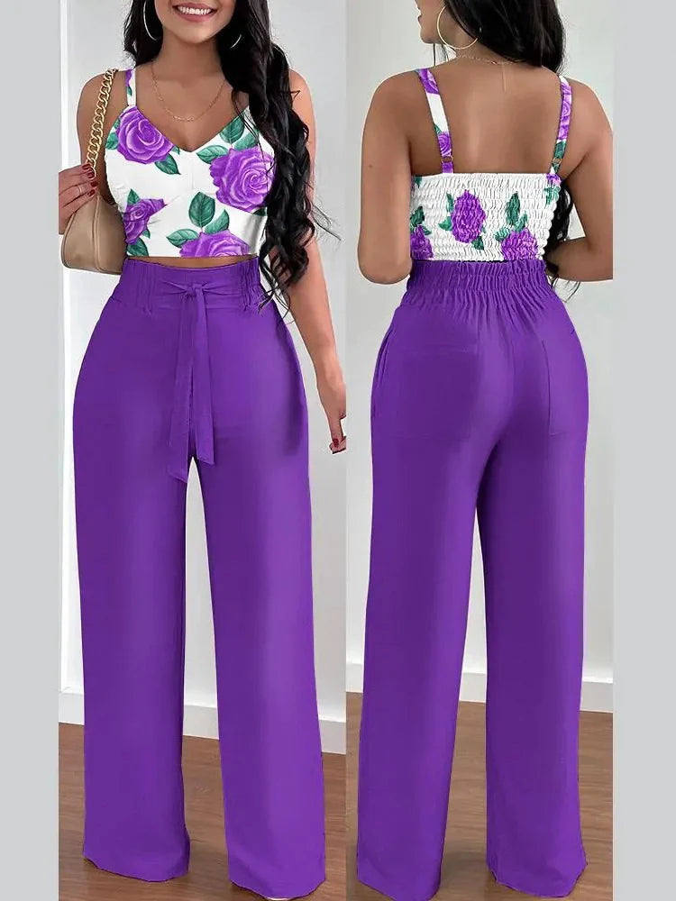 Women Fashion Print Halter V-Neck Short Tank Suit Tops Long Pants Matching Set Summer Casual Female Slim Pants Two Piece Sets.