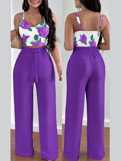 Women Fashion Print Halter V-Neck Short Tank Suit Tops Long Pants Matching Set Summer Casual Female Slim Pants Two Piece Sets.