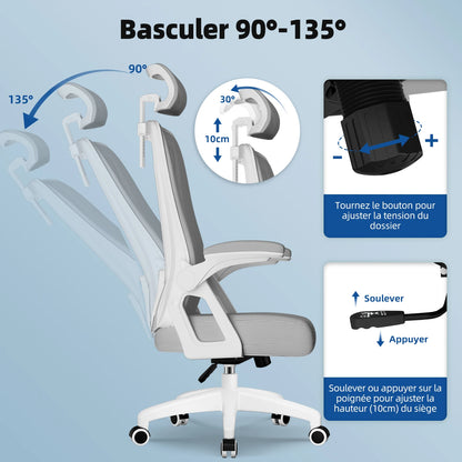 AUTHMIC Ergonomischer Bürostuhl (Grau) mit verstellbarer Kopfstütze, Lordosenstütze, klappbaren Armlehnen und verstellbarer Rückenlehne, 150 kg