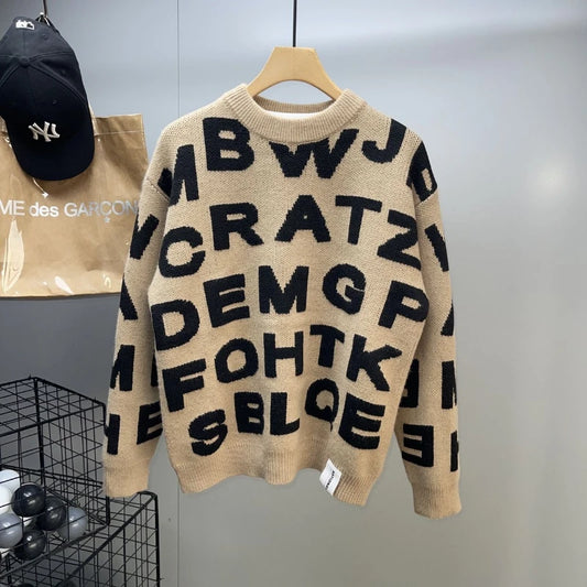 Sweater Men's Clothing Winter Full-print Letter Jacquard Loose Thickened Design Round Neck Top Trendy American Style Sweater.