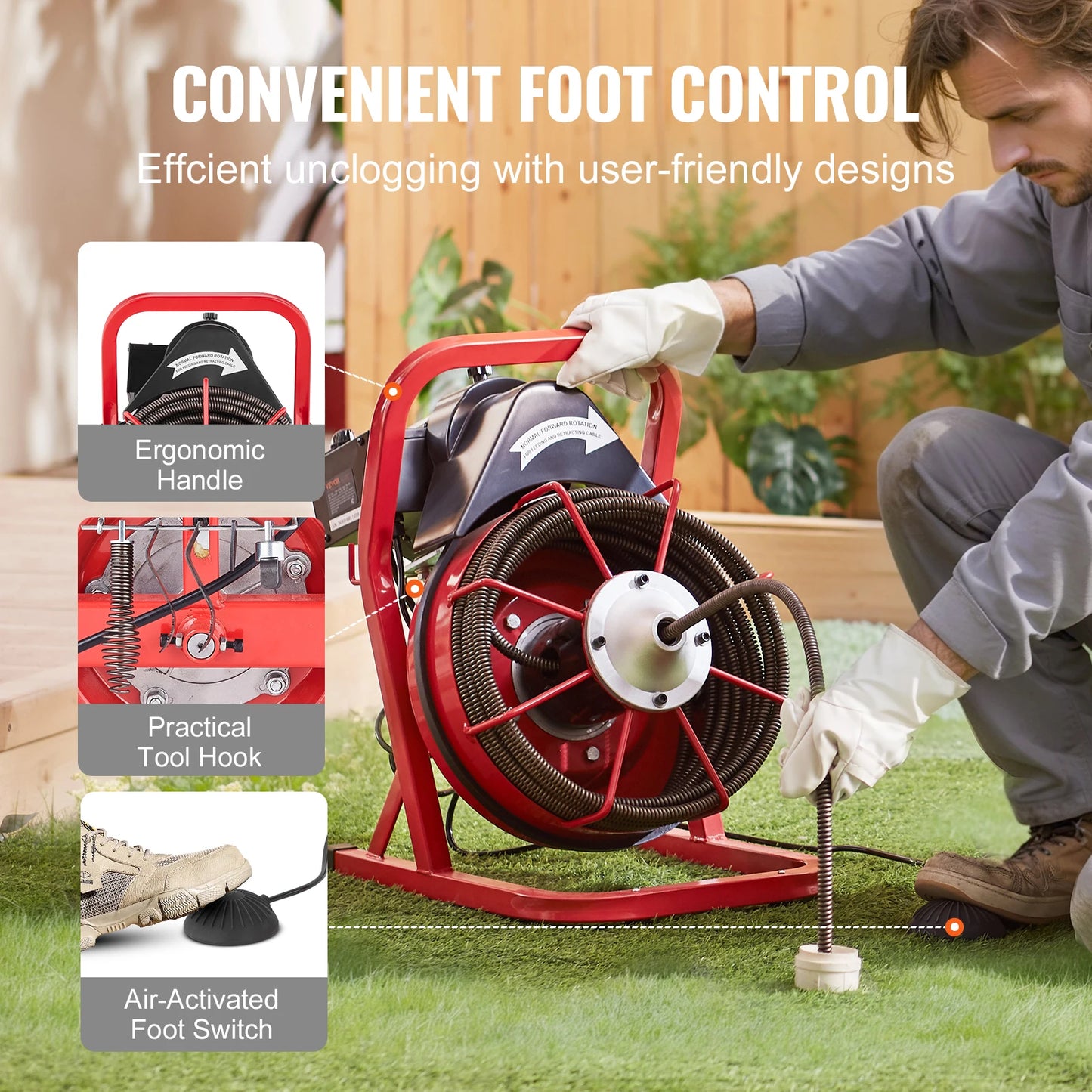 SucceBuy 50FT Drain Cleaner Machine Sewer Snake Auger Manual Feed 250W Electric Drain Cleaning Machine with Air-activated Foot.