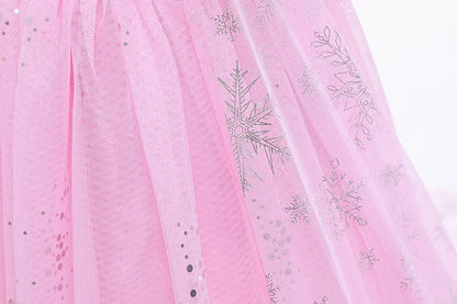 Mädchen rosa Pailletten Mesh Prinzessin Kleid, Mesh kurze Ärmel, mit Umhang, geeignet für Party, Tanz, Performance, Karnevals kleid.