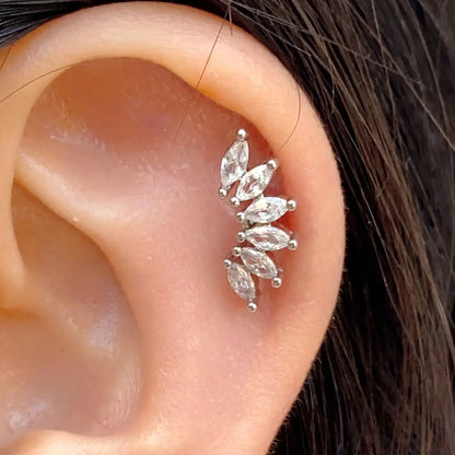 1PC New Curved Cz Cartilage Stud Moon Leaf  Helix Rook Conch Screw Back Earring Stainless Steel Bar Ear Piercing Jewelry.