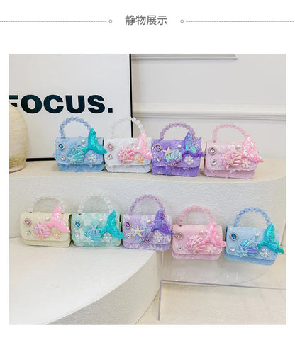 Lovely Sequin Girls Square Shoulder Bag Fish Tail Starfish Princess Crossbody Bags Bead Handle Children's Small Handbags Purse