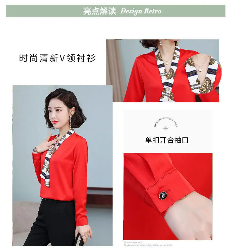 Women's fashionable streamer tops fashionable and elegant small fragrance style covering the belly satin shirt.