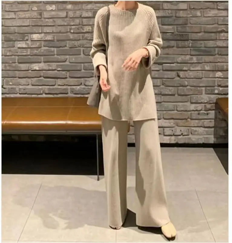 2024 Autumn Winter New Women's Fashion Fashionable Age Reducing Two Piece Pants Knitted Sweater Straight Leg Pants Set For Women.