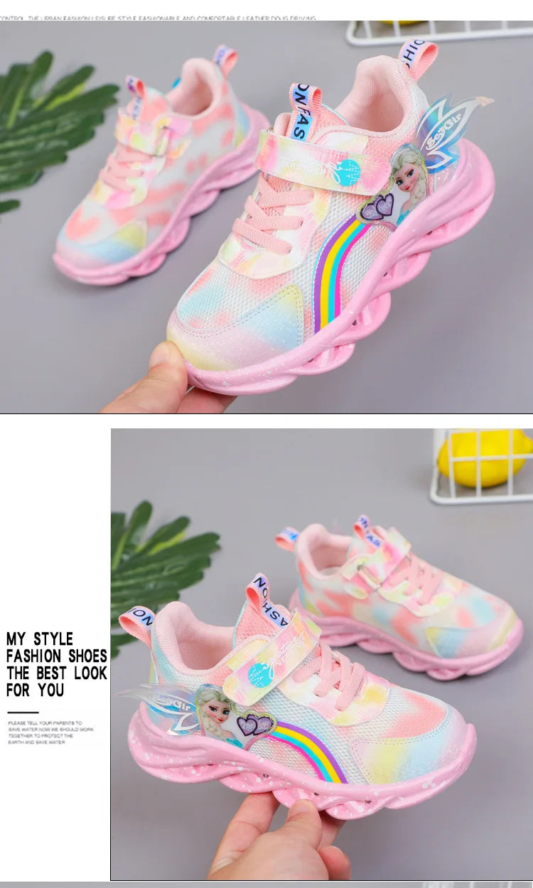 Disney Girls' Casual Shoes Led Lights Mesh Breathable Children's Sports  Princess Elsa Pink Purple Shoes Sneakers Size 22-37.