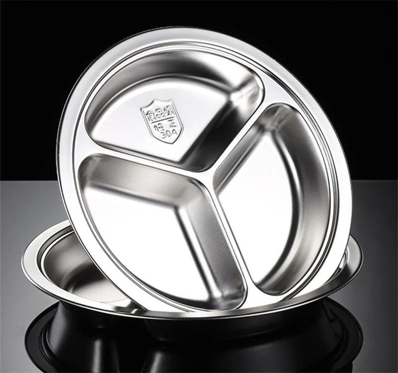 3 Grid Satinless Steel Food Plate Round School Kids Dish Trays Meal Sharing Dishes Set Service Table Student Main Dining Cutlery.