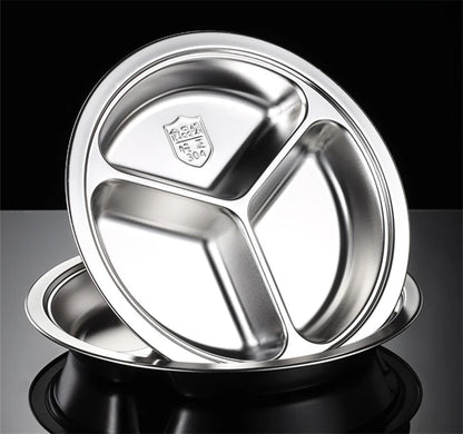 3 Grid Satinless Steel Food Plate Round School Kids Dish Trays Meal Sharing Dishes Set Service Table Student Main Dining Cutlery.