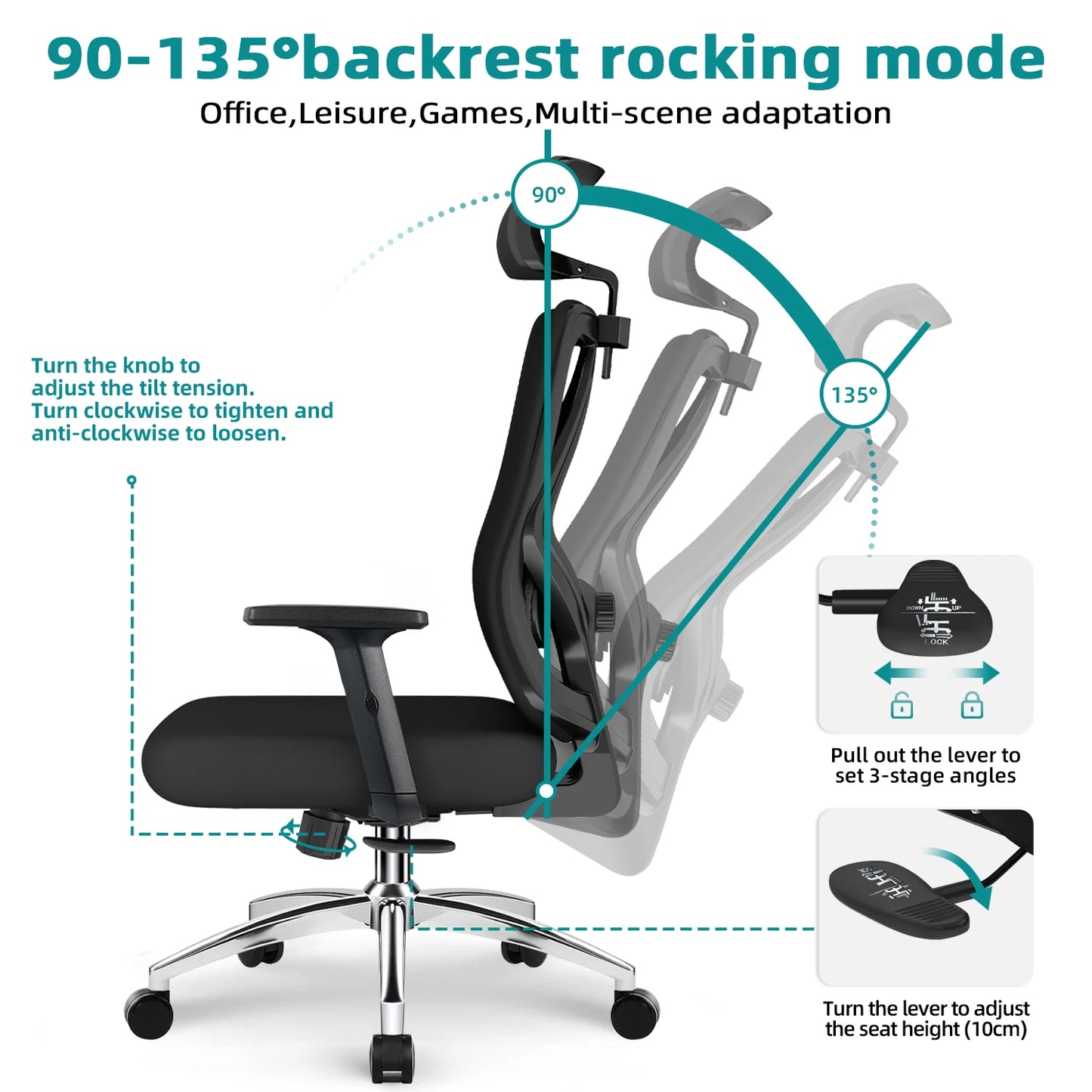 aiibottech Ergonomischer Bürostuhl, Netz-Schreibtischstuhl, verstellbare Lordosenstütze, drehbare neigbare Räder für Home-Office-Gaming