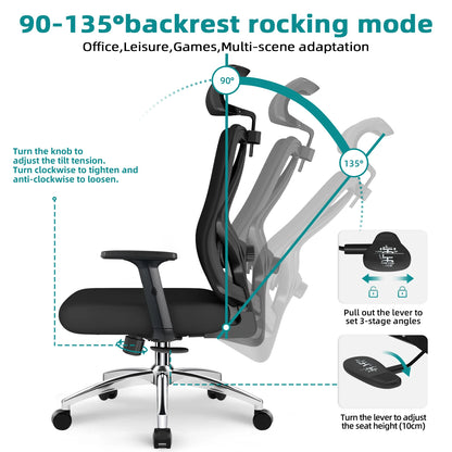 aiibottech Ergonomischer Bürostuhl, Netz-Schreibtischstuhl, verstellbare Lordosenstütze, drehbare neigbare Räder für Home-Office-Gaming