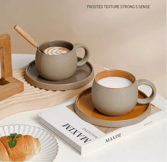 Retro Coarse Pottery Mug and Saucer Combination Japanese Coffee Cup Set Nordic Afternoon Tea Breakfast Cup Latte Coffee Mug.