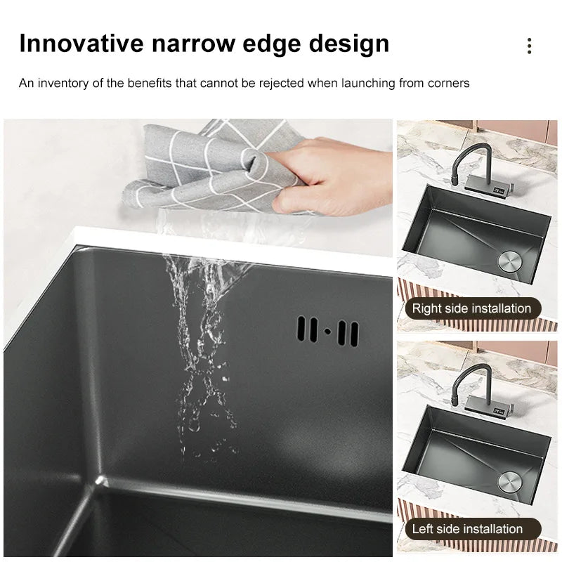 Black Stainless Steel Kitchen Sink Waterfall Sink dishwashing Basin Large Single Sink Household Sink Under The Counter Sink