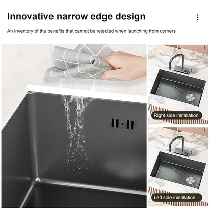 Black Stainless Steel Kitchen Sink Waterfall Sink dishwashing Basin Large Single Sink Household Sink Under The Counter Sink