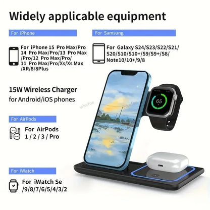 30W 3 in 1 Wireless Charger Stand LED Induction Fast Charging Station For iPhone 16 15 14 13 12 Apple Watch 10 9 8 7 6 5 Airpods.