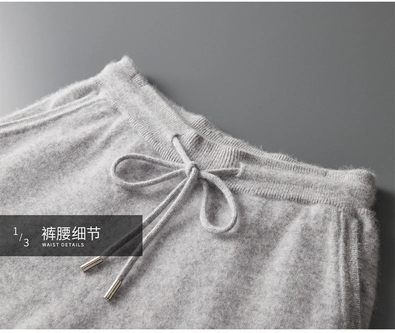 Classic Versatile 100% Cashmere Pants Men High Waist Knitted Straight Pants Solid Color Loose Thin Wide Leg Pants.