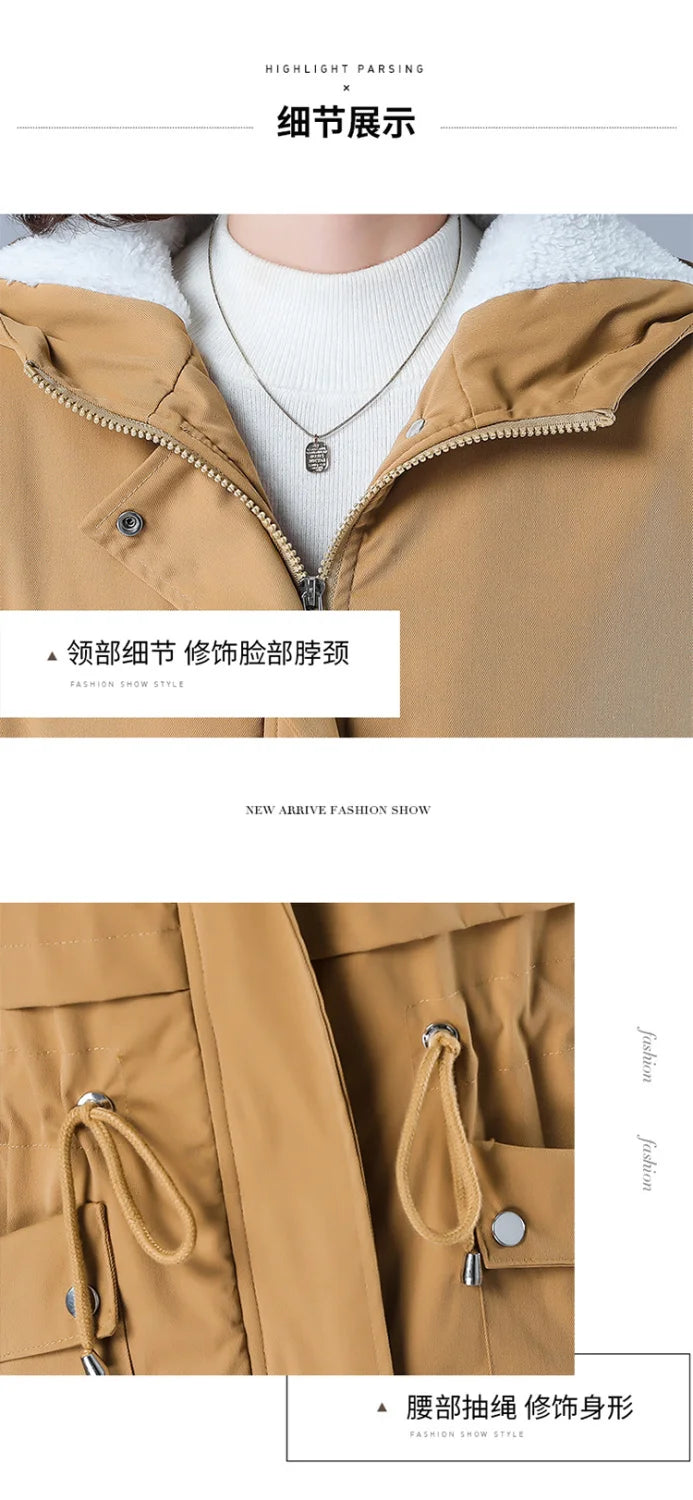 Fleece-gefütterte Kapuze, Daunenjacke, Wintermantel für Damen, warme, mit Kordelzug gepolsterte Parkas, mittellanger Mantel, Streetwear, gepolsterte Kleidung.