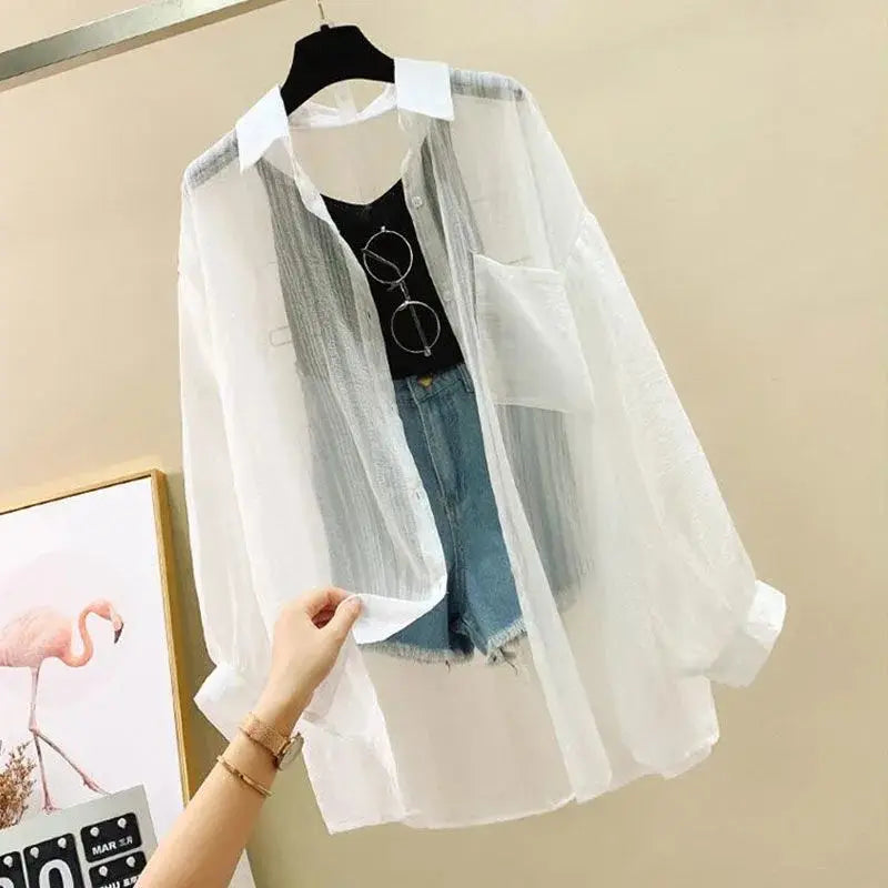 Summer Sunscreen Shirt Elegant Perspective Thin Chiffon Blouse Korean Harajuku See Through Loose Top Casual Women's Cardigan.