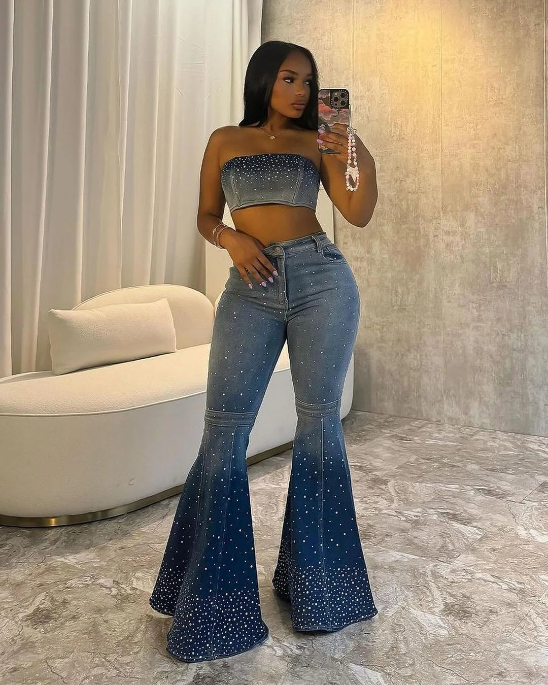 Denim Pant Set Women Two Piece Sets Sexy Matching Sets Sleeveless Short Tops Long Flare Pants High Waist Slim Hot Diamond.