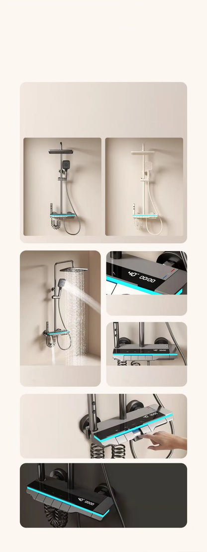 Bathroom Shower System Brass Mirror Surface Temperature-Controlled for Bathtub Faucet with Digital Display, LED Strip