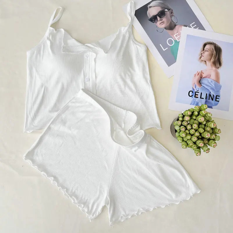 Conjuntos De Pijama Neue Sexy Baumwolle Sling Top Shorts Set Bh Pad Sommer Nachtwäsche Pyjamas Für Frauen Hause Tragen Nachtwäsche Anzug.