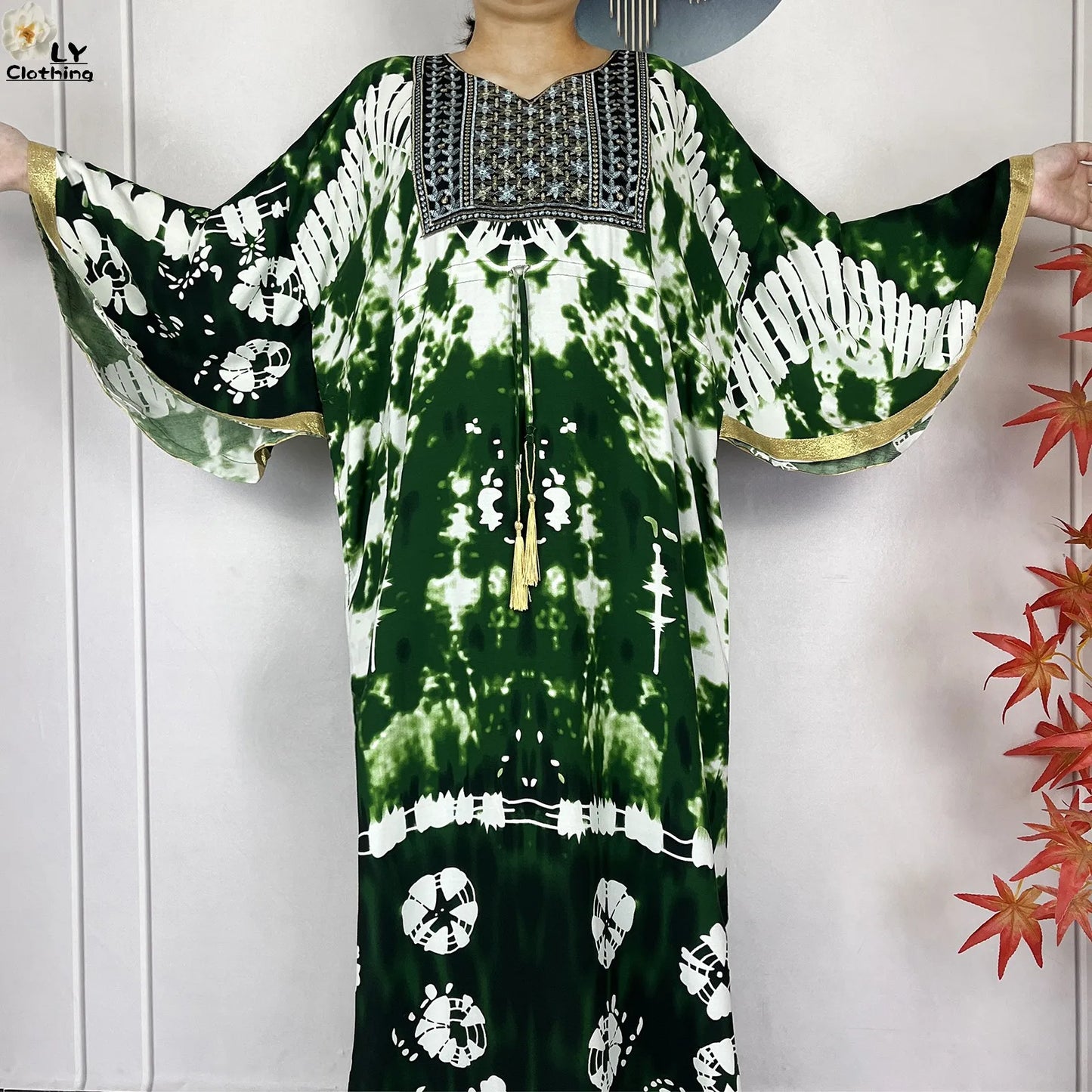 2025 New African Abaya For Women Dress Loose Batwing Sleeve Pockets High-quality Tie-dye Pure Cotton Fabric Women Islam Clothing.